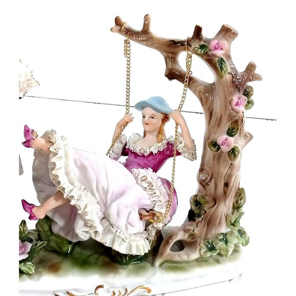 Romantic Dresden Lace Figurine Sculpture Man Woman Tree Swing Capodimonte - Picture 14 of 16